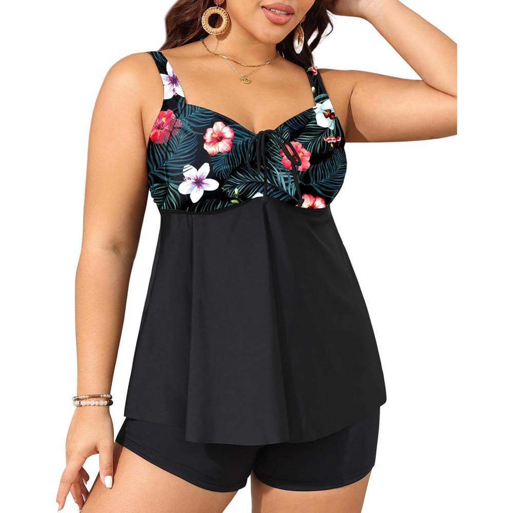 imageYonique Plus Size Tankini Swimsuits for Women Tankini with Shorts Two Piece Bathing Suits Flowy SwimwearBlack Floral