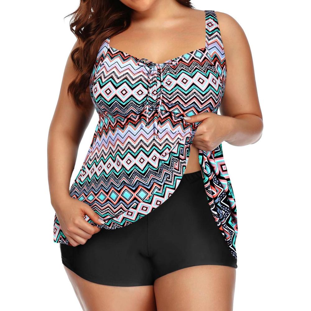 imageYonique Plus Size Tankini Swimsuits for Women Tankini with Shorts Two Piece Bathing Suits Flowy SwimwearColorful Geometric