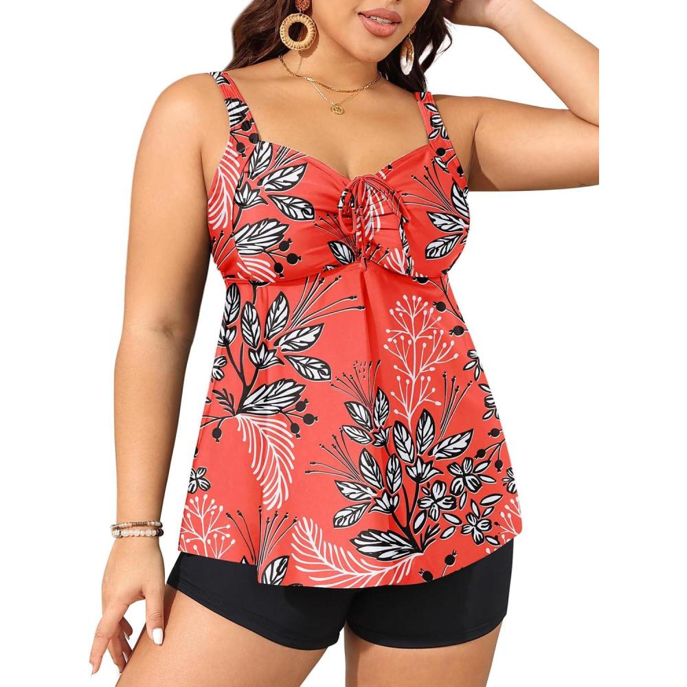 imageYonique Plus Size Tankini Swimsuits for Women Tankini with Shorts Two Piece Bathing Suits Flowy SwimwearRed Floral
