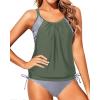 imageYonique Tankini Swimsuits for Women Blouson Swim Tops with Bikini Bottoms Athletic Two Piece Bathing Suits Double Up SwimwearArmy Green  Stripe