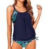 imageYonique Tankini Swimsuits for Women Blouson Swim Tops with Bikini Bottoms Athletic Two Piece Bathing Suits Double Up SwimwearNavy Blue and Leaves