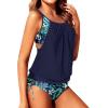 imageYonique Tankini Swimsuits for Women Blouson Swim Tops with Bikini Bottoms Athletic Two Piece Bathing Suits Double Up SwimwearNavy Blue and Leaves
