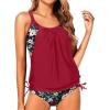 imageYonique Tankini Swimsuits for Women Blouson Swim Tops with Bikini Bottoms Athletic Two Piece Bathing Suits Double Up SwimwearRed and Flower