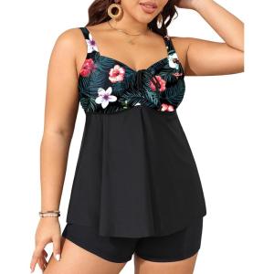 imageYonique Plus Size Tankini Swimsuits for Women Tankini with Shorts Two Piece Bathing Suits Flowy SwimwearBlack Floral