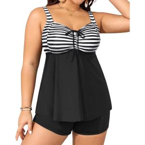 imageYonique Plus Size Tankini Swimsuits for Women Tankini with Shorts Two Piece Bathing Suits Flowy SwimwearBlackwhite Striped