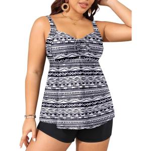 imageYonique Plus Size Tankini Swimsuits for Women Tankini with Shorts Two Piece Bathing Suits Flowy SwimwearBlackwhite Tribal