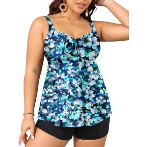 imageYonique Plus Size Tankini Swimsuits for Women Tankini with Shorts Two Piece Bathing Suits Flowy SwimwearBlue Floral
