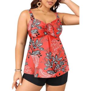 imageYonique Plus Size Tankini Swimsuits for Women Tankini with Shorts Two Piece Bathing Suits Flowy SwimwearRed Floral