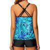 imageYonique Womens Blouson Tankini Swimsuits Two Piece Strappy Bathing Suit Tops with Shorts Criss Cross SwimwearBlue Leaves