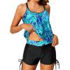 imageYonique Womens Blouson Tankini Swimsuits Two Piece Strappy Bathing Suit Tops with Shorts Criss Cross SwimwearBlue Leaves