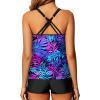 imageYonique Womens Blouson Tankini Swimsuits Two Piece Strappy Bathing Suit Tops with Shorts Criss Cross SwimwearBlue Purple Leaves