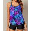 imageYonique Womens Blouson Tankini Swimsuits Two Piece Strappy Bathing Suit Tops with Shorts Criss Cross SwimwearBlue Purple Leaves