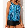 imageYonique Womens Blouson Tankini Swimsuits Two Piece Strappy Bathing Suit Tops with Shorts Criss Cross SwimwearBlue Wavy Pattern