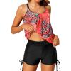 imageYonique Womens Blouson Tankini Swimsuits Two Piece Strappy Bathing Suit Tops with Shorts Criss Cross SwimwearRed Floral