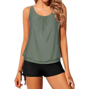 imageYonique Blouson Tankini Swimsuits for Women 2 Piece Bathing Suits Tops with Boyshorts Modest Loose Fit SwimwearArmy Green