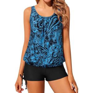 imageYonique Blouson Tankini Swimsuits for Women 2 Piece Bathing Suits Tops with Boyshorts Modest Loose Fit SwimwearBlack and Blue Paisley