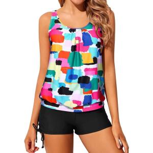 imageYonique Blouson Tankini Swimsuits for Women 2 Piece Bathing Suits Tops with Boyshorts Modest Loose Fit SwimwearColor Block