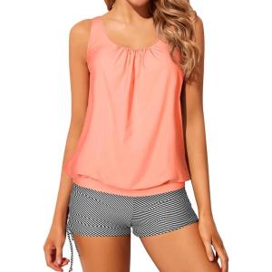 imageYonique Blouson Tankini Swimsuits for Women 2 Piece Bathing Suits Tops with Boyshorts Modest Loose Fit SwimwearPink Stripes