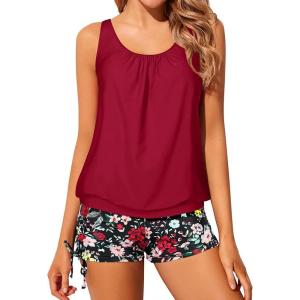 imageYonique Blouson Tankini Swimsuits for Women 2 Piece Bathing Suits Tops with Boyshorts Modest Loose Fit SwimwearRed Floral
