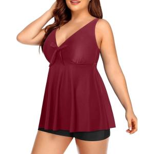 imageYonique Two Piece Plus Size Tankini Swimsuits for Women Flowy Bathing Suits with Shorts Tummy Control SwimwearBurgundy