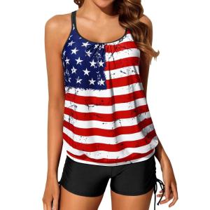imageYonique Womens Blouson Tankini Swimsuits Two Piece Strappy Bathing Suit Tops with Shorts Criss Cross SwimwearAmerican Flag