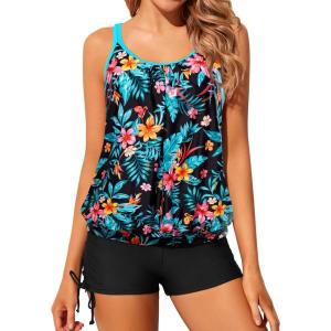 imageYonique Womens Blouson Tankini Swimsuits Two Piece Strappy Bathing Suit Tops with Shorts Criss Cross SwimwearBlack Blue Floral