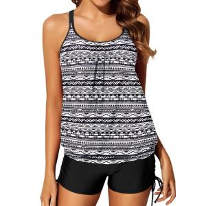 imageYonique Womens Blouson Tankini Swimsuits Two Piece Strappy Bathing Suit Tops with Shorts Criss Cross SwimwearBlackwhite Tribal