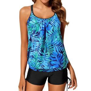 imageYonique Womens Blouson Tankini Swimsuits Two Piece Strappy Bathing Suit Tops with Shorts Criss Cross SwimwearBlue Leaves