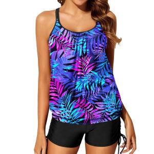 imageYonique Womens Blouson Tankini Swimsuits Two Piece Strappy Bathing Suit Tops with Shorts Criss Cross SwimwearBlue Purple Leaves