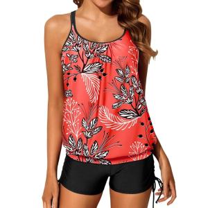 imageYonique Womens Blouson Tankini Swimsuits Two Piece Strappy Bathing Suit Tops with Shorts Criss Cross SwimwearRed Floral