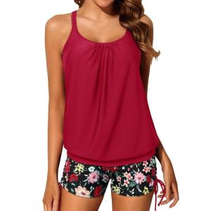 imageYonique Womens Blouson Tankini Swimsuits Two Piece Strappy Bathing Suit Tops with Shorts Criss Cross SwimwearRed Floral2
