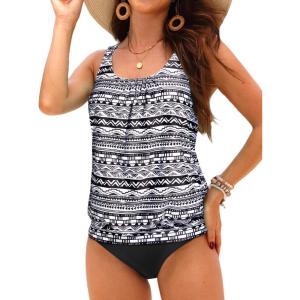 imageYonique Blouson Tankini Swimsuits for Women Loose Fit Floral Printed Modest Two Piece Bathing SuitsBlack and White