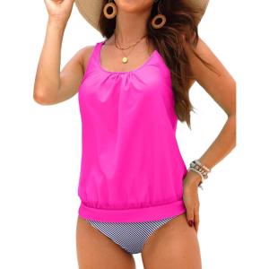 imageYonique Blouson Tankini Swimsuits for Women Loose Fit Floral Printed Modest Two Piece Bathing SuitsHot Pink