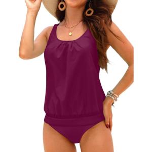 imageYonique Blouson Tankini Swimsuits for Women Loose Fit Floral Printed Modest Two Piece Bathing SuitsMaroon