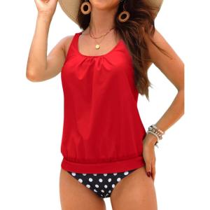 imageYonique Blouson Tankini Swimsuits for Women Loose Fit Floral Printed Modest Two Piece Bathing SuitsRed