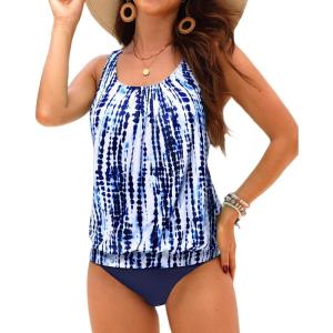 imageYonique Blouson Tankini Swimsuits for Women Loose Fit Floral Printed Modest Two Piece Bathing SuitsTie Dye and Navy Blue
