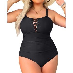 imageYonique Women Plus Size One Piece Swimsuits Tummy Control Bathing Suits Vintage SwimwearBlack