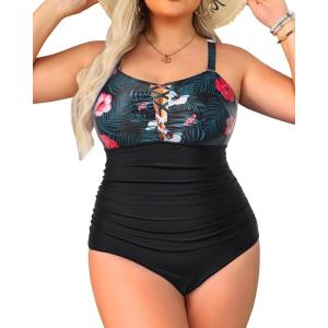 imageYonique Women Plus Size One Piece Swimsuits Tummy Control Bathing Suits Vintage SwimwearBlack Floral