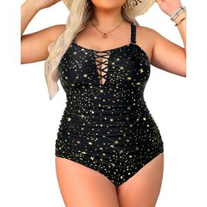 imageYonique Women Plus Size One Piece Swimsuits Tummy Control Bathing Suits Vintage SwimwearBlack Star