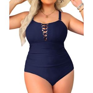 imageYonique Women Plus Size One Piece Swimsuits Tummy Control Bathing Suits Vintage SwimwearNavy Blue