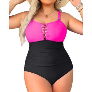 imageYonique Women Plus Size One Piece Swimsuits Tummy Control Bathing Suits Vintage SwimwearNeon Pink and Black