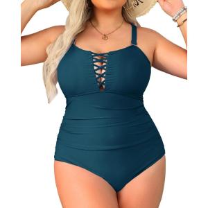 imageYonique Women Plus Size One Piece Swimsuits Tummy Control Bathing Suits Vintage SwimwearPeacock Blue