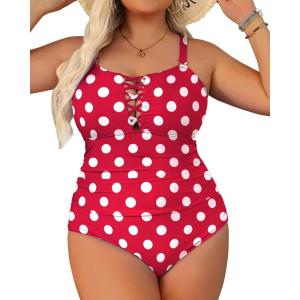 imageYonique Women Plus Size One Piece Swimsuits Tummy Control Bathing Suits Vintage SwimwearRed  White Dots