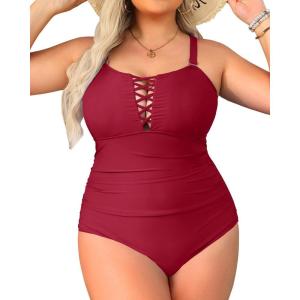 imageYonique Women Plus Size One Piece Swimsuits Tummy Control Bathing Suits Vintage SwimwearRed