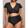 imageYonique Womens Two Piece Plus Size Bikini Set High Waisted Swimsuits Tummy Control Bathing Suits Short Sleeve SwimwearBlack