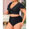 imageYonique Womens Two Piece Plus Size Bikini Set High Waisted Swimsuits Tummy Control Bathing Suits Short Sleeve SwimwearBlack