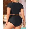 imageYonique Womens Two Piece Plus Size Bikini Set High Waisted Swimsuits Tummy Control Bathing Suits Short Sleeve SwimwearBlack