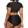 imageYonique Womens Two Piece Plus Size Bikini Set High Waisted Swimsuits Tummy Control Bathing Suits Short Sleeve SwimwearBlack