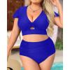 imageYonique Womens Two Piece Plus Size Bikini Set High Waisted Swimsuits Tummy Control Bathing Suits Short Sleeve SwimwearBlue