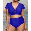 imageYonique Womens Two Piece Plus Size Bikini Set High Waisted Swimsuits Tummy Control Bathing Suits Short Sleeve SwimwearBlue
